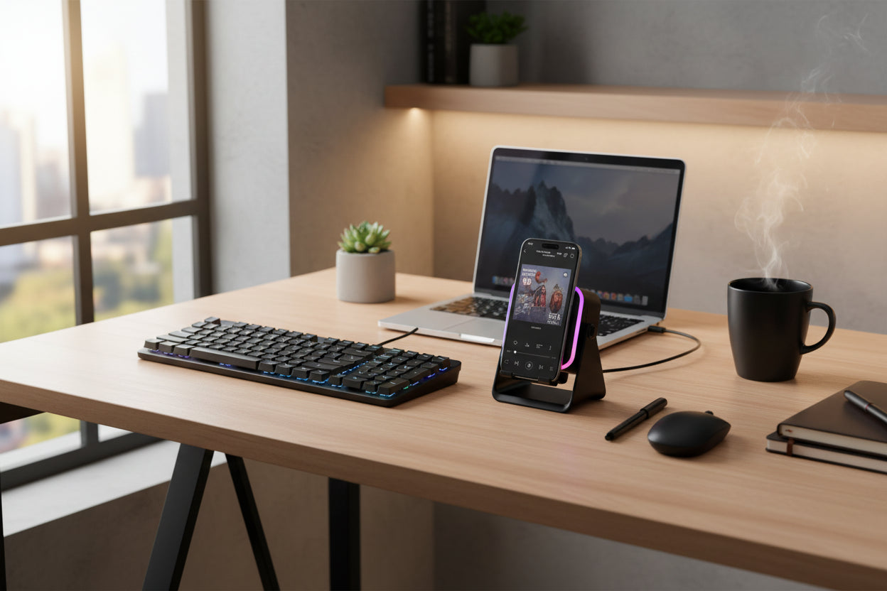Magnetic Induction Speaker Pro — Play Music Instantly, No Bluetooth Needed | RGB Light + Phone Stand + Power Bank